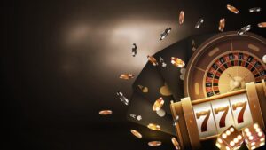 poster with copy space gold slot machine casino roulette poker chips and playing cards on dark background with gold neon ring vector1