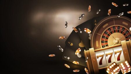 poster with copy space gold slot machine casino roulette poker chips and playing cards on dark background with gold neon ring vector1